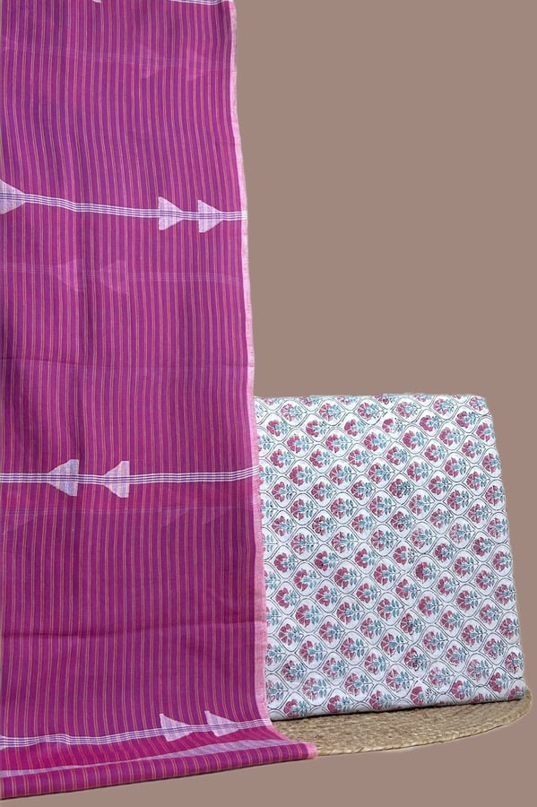 Pink - 2pc Handloom Cotton Dupatta and Blockprinted Soft Cotton Top Set Authentic HandBlock Printed