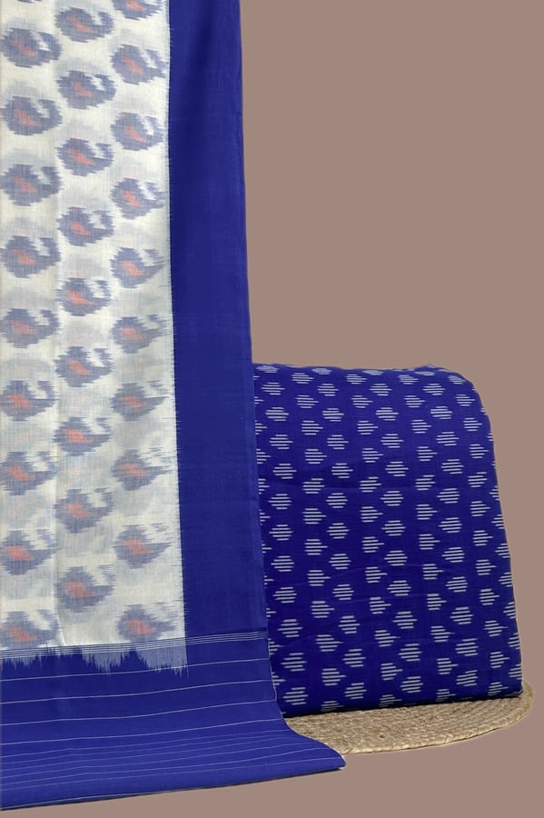 Blue - 2pc Ikkat Cotton Dupatta and Soft Ikkat Top Fabric Set Authentic Hand Tie-Dye Mercerised Ikkat