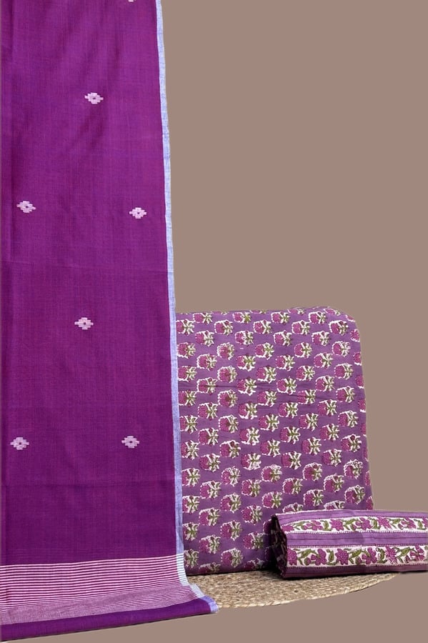 Purple - 3pc Handloom Soft Cotton Dupatta with Blockprint Cotton Top & Bottom Set Authentic HandBlock Printed