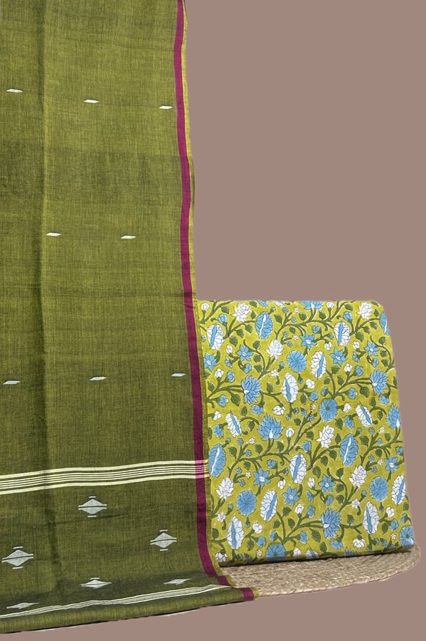Green - 2pc Handloom Cotton Dupatta and Blockprinted Soft Cotton Top Set Authentic HandBlock Printed