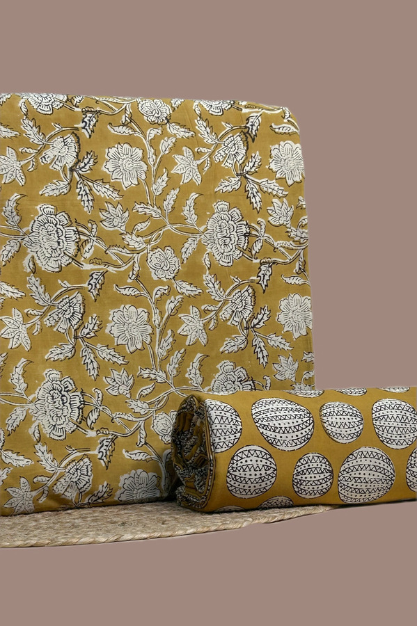 Yellow - 2pc Blockprint Top and Bottom Fabric Set Authentic HandBlock Printed