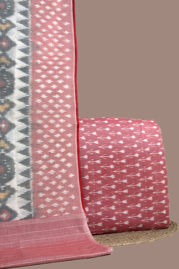 Pink - 2pc Ikkat Cotton Dupatta and Soft Ikkat Top Fabric Set Authentic Hand Tie-Dye Mercerised Ikkat