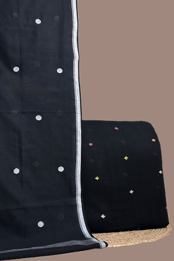 Black - 2pc Handloom Cotton Dupatta and Handloom Soft Cotton Top Fabric Set Authentic HandLoom Woven