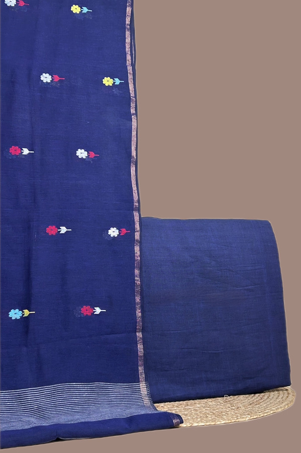 Blue - 2pc Handloom Cotton Dupatta and Handloom Soft Cotton Top Fabric Set Authentic HandLoom Woven