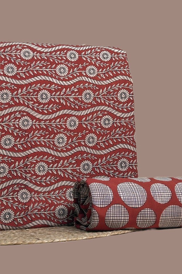 Red - 2pc Blockprint Top and Bottom Fabric Set Authentic HandBlock Printed