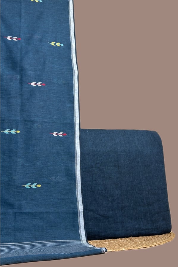 Blue - 2pc Handloom Cotton Dupatta and Handloom Soft Cotton Top Fabric Set Authentic HandLoom Woven