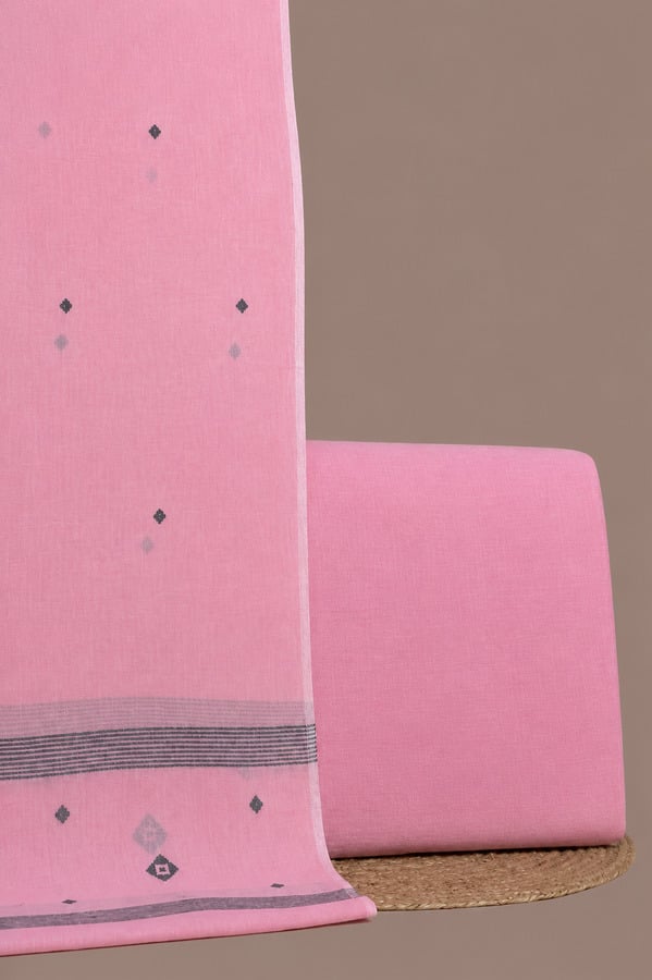 34760 Pink - 2pc Handloom Cotton Dupatta and Handloom Soft Cotton Top Fabric Set - Image 1
