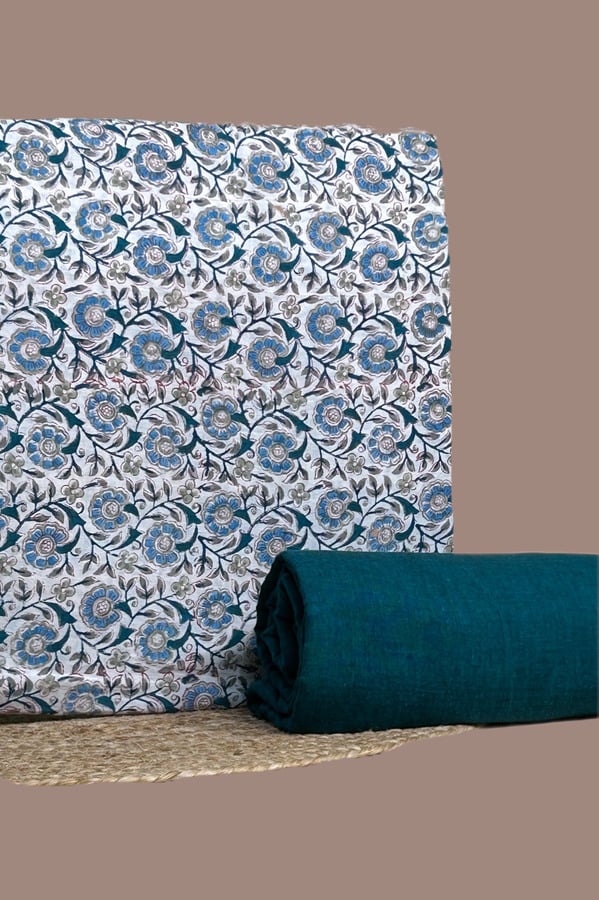 Blue - 2pc Blockprint Top and Handloom Cotton Bottom Fabric Set Authentic HandBlock Printed