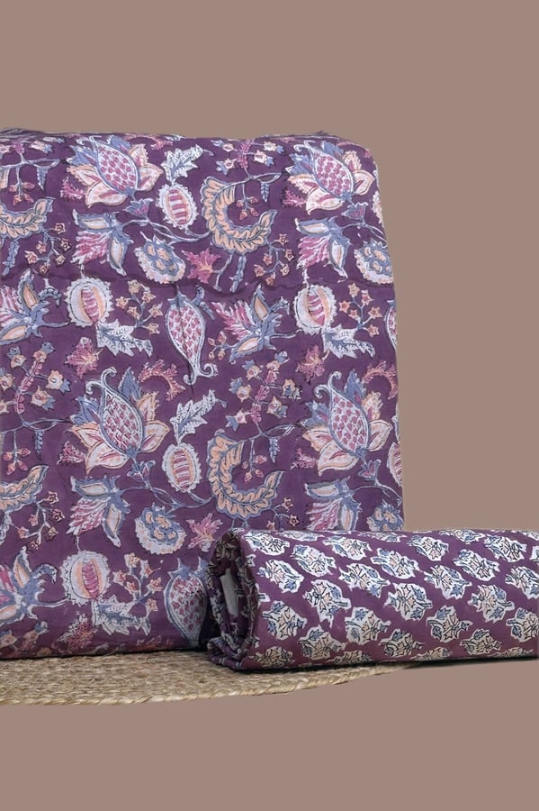 Purple - 2pc Blockprint Top and Bottom Fabric Set Authentic HandBlock Printed