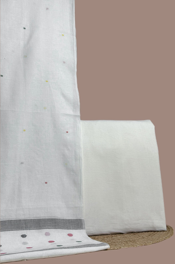 White - 2pc Handloom Cotton Dupatta and Handloom Soft Cotton Top Fabric Set Authentic HandLoom Woven