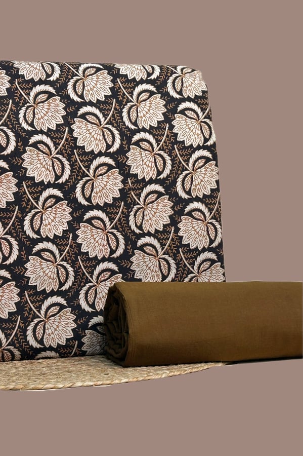 Black - 2pc Blockprint Top and Plain dyed Bottom Fabric Set Authentic HandBlock Printed
