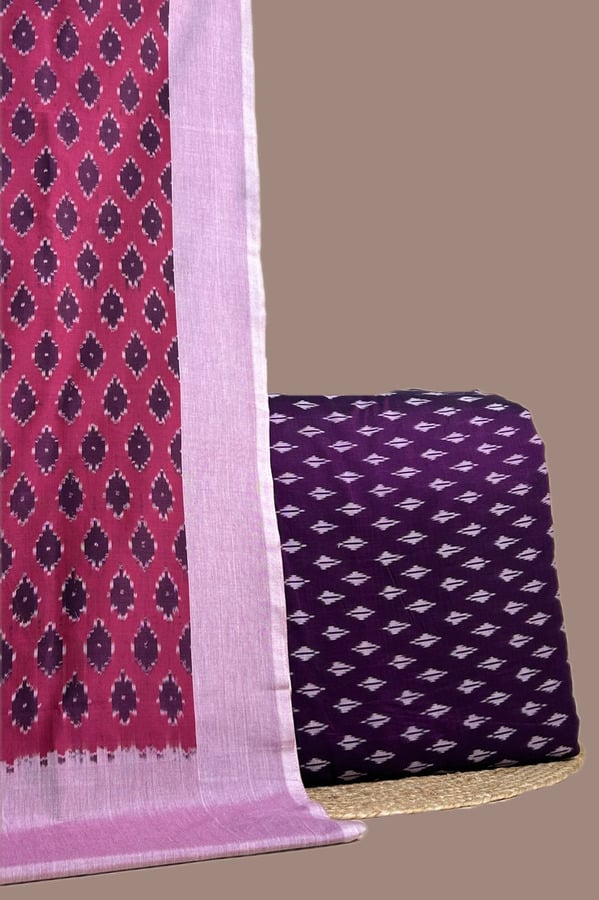 Purple - 2pc Ikkat Cotton Dupatta and Soft Ikkat Top Fabric Set Authentic Hand Tie-Dye Mercerised Ikkat