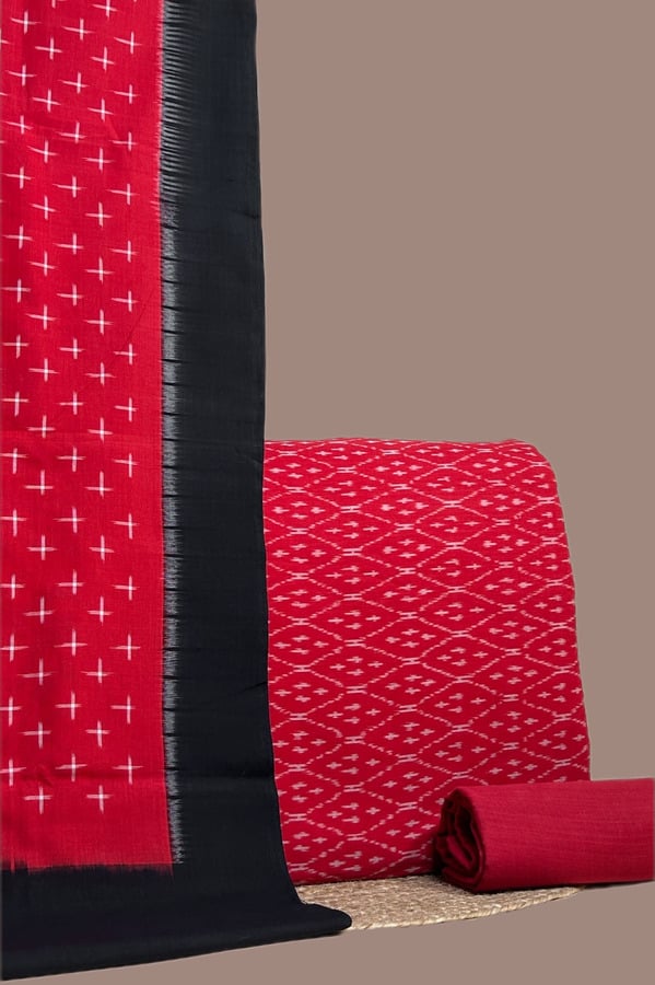 Red - 3pc Ikkat Cotton Dupatta with Soft Ikkat Top and Plain Dyed Cotton Bottom Set Authentic Hand Tie-Dye Mercerised Ikkat