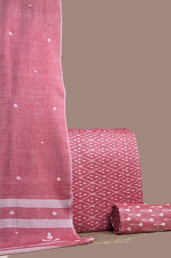 Pink - 3pc Handloom Cotton Dupatta with Soft Ikkat Top and Bottom Fabric Set Authentic Hand Tie-Dye Mercerised Ikkat