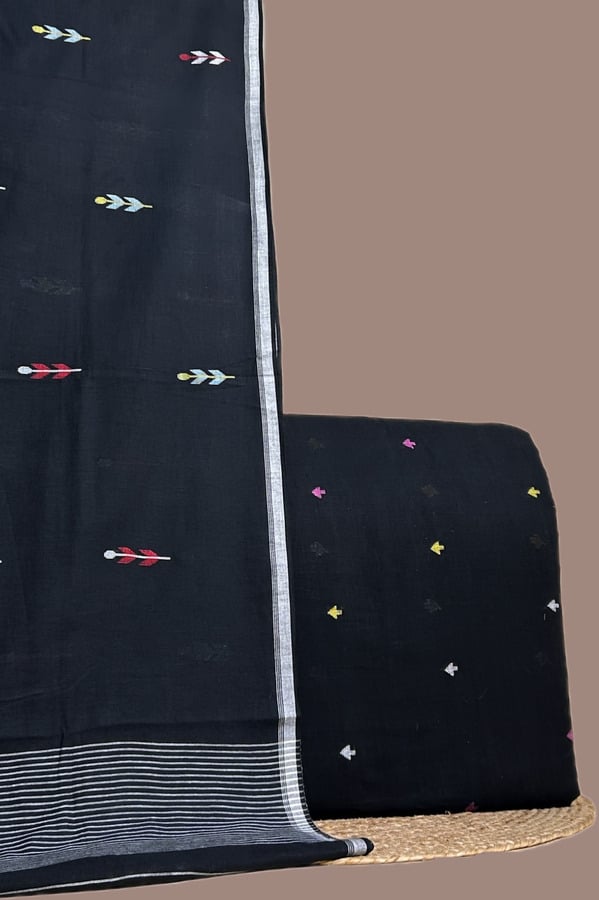 Black - 2pc Handloom Cotton Dupatta and Handloom Soft Cotton Top Fabric Set Authentic HandLoom Woven