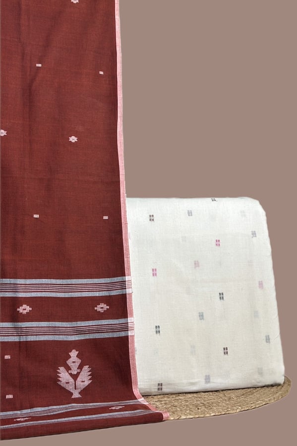 Red - 2pc Handloom Cotton Dupatta and Handloom Soft Cotton Top Fabric Set Authentic HandLoom Woven