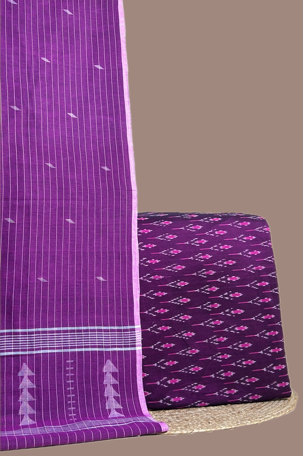Purple - 2pc Handloom Cotton Dupatta and Ikkat Soft Cotton Top Fabric Set Authentic Hand Tie-Dye Mercerised Ikkat