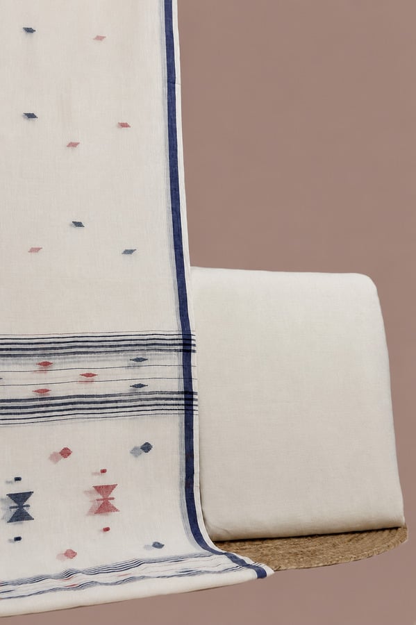 34781 White - 2pc Handloom Cotton Dupatta and Handloom Soft Cotton Top Fabric Set - Image 1