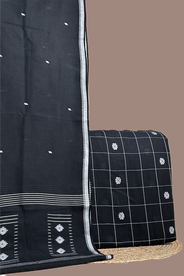 Black - 2pc Handloom Cotton Dupatta and Handloom Soft Cotton Top Fabric Set Authentic HandLoom Woven