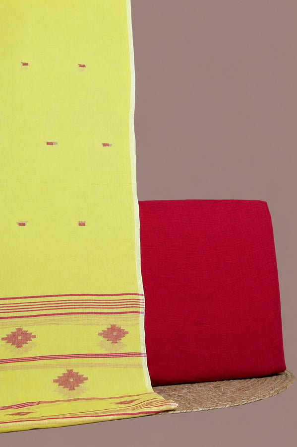 34783 Yellow - 2pc Handloom Cotton Dupatta and Handloom Soft Cotton Top Fabric Set - Image 1