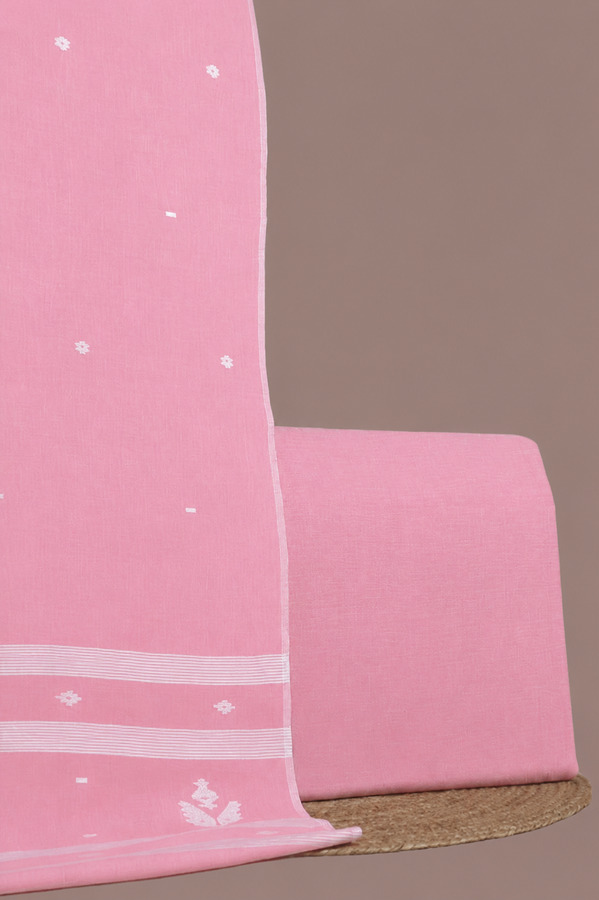 34784 Pink - 2pc Handloom Cotton Dupatta and Handloom Soft Cotton Top Fabric Set - Image 1