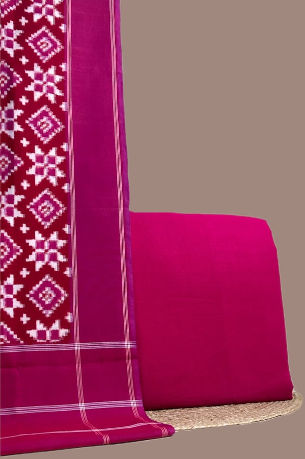 Pink - 2pc Ikkat Cotton Dupatta and Plain Dyed Soft Cotton Top Fabric Set Authentic Hand Tie-Dye Mercerised Ikkat