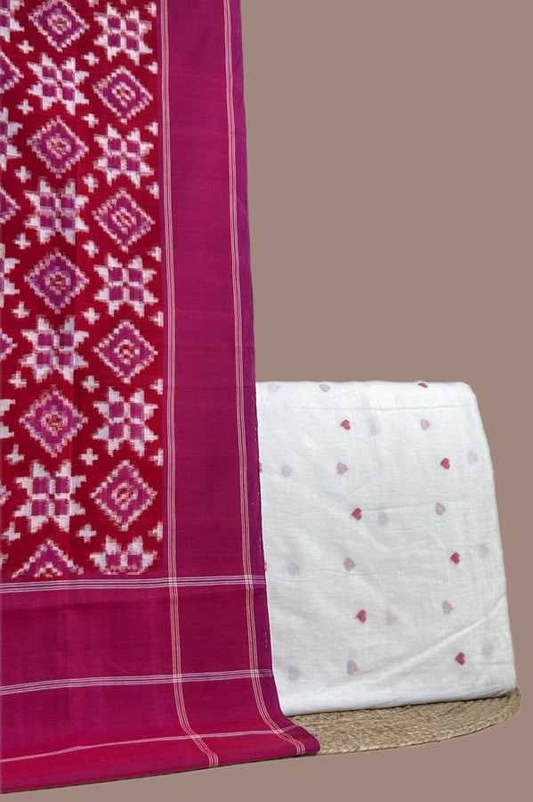 Red - 2pc Ikkat Cotton Dupatta and Handloom Soft Cotton Top Fabric Set Authentic Hand Tie-Dye Mercerised Ikkat