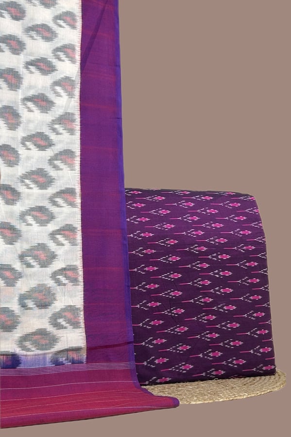 Purple - 2pc Ikkat Cotton Dupatta and Soft Ikkat Top Fabric Set Authentic Hand Tie-Dye Mercerised Ikkat