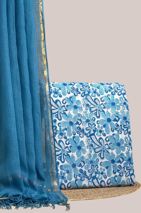 34829 Blue - 2pc AirLoom Kota Dupatta and Blockprinted Soft Cotton Top Fabric Set - Image 1