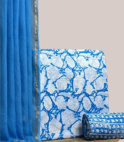 This 3pc unstitched fabric set features a sheer