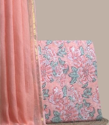 This 2pc unstitched fabric set features a sheer