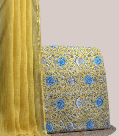 This 2pc unstitched fabric set features a sheer