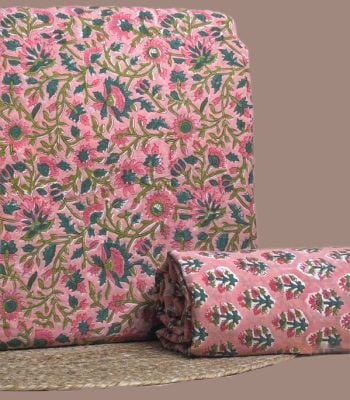 This 2pc unstitched fabric set includes a Blockprinted Soft Cotton top and matching bottom fabric in a large floral with a coordinating small-scale floral design. Soft