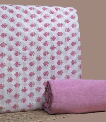 This 2pc unstitched fabric set includes a Blockprinted Soft Cotton top in a small floral design