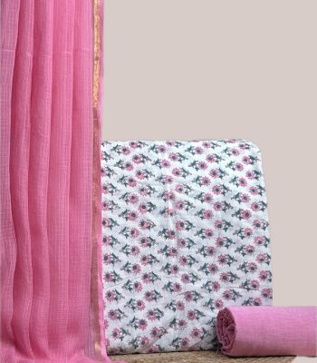 This 3pc unstitched fabric set features a sheer