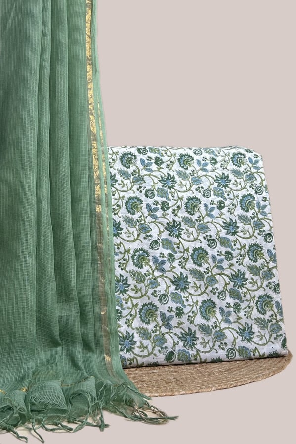 Green - 2pc AirLoom Kota Dupatta and Blockprinted Soft Cotton Top Fabric Set