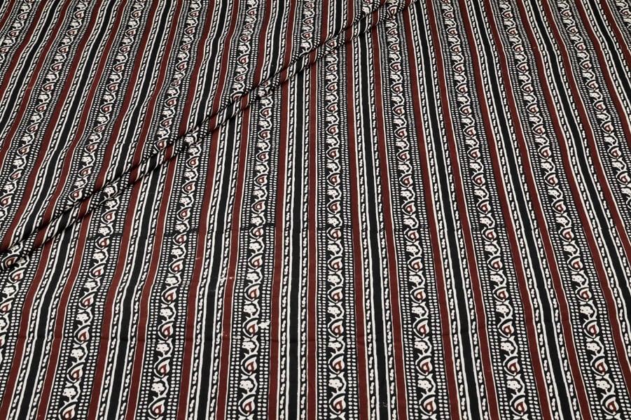 Black Red Stripe Border Bagru Handblock Printed Fabric Authentic Bagru Handblock Printed Pure Soft Cotton Fabric
