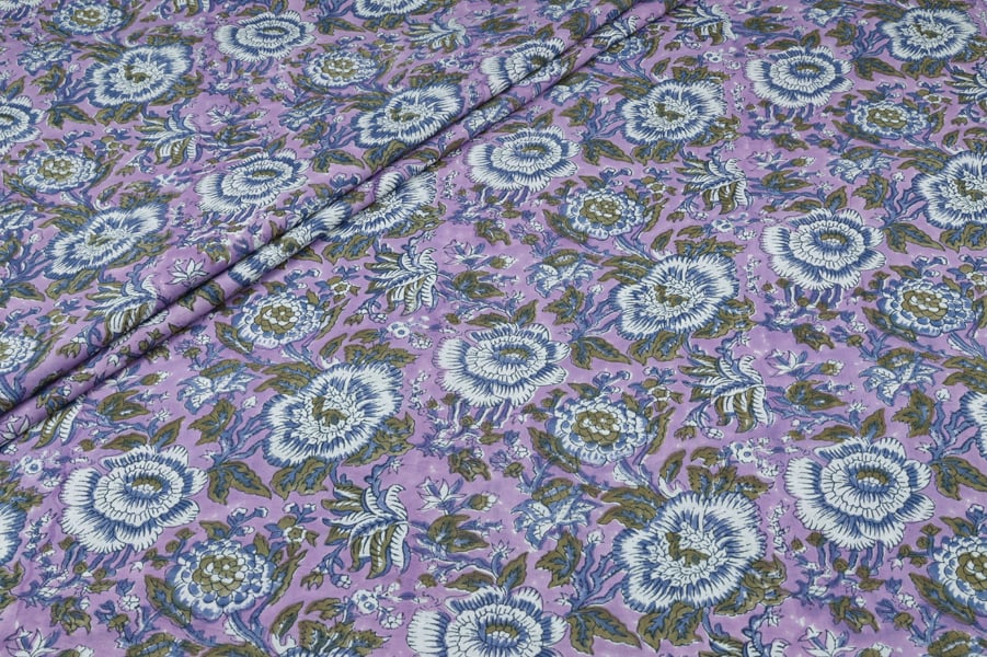 Lavender Floral HandBlock Printed Pure Soft Cotton Fabric Authentic HandBlock Sanganeri Printed
