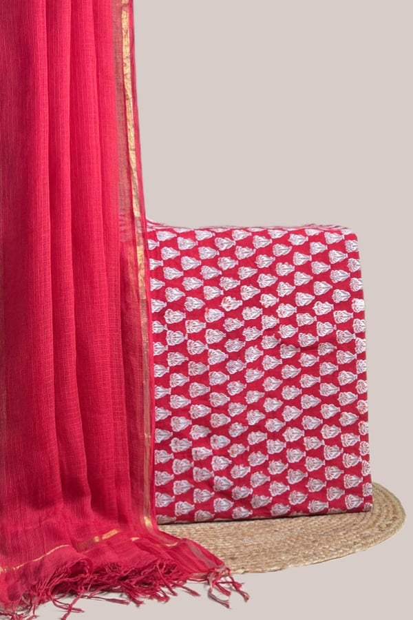 Red - 2pc Handloom Dupatta and Blockprinted Soft Cotton Top Fabric Set