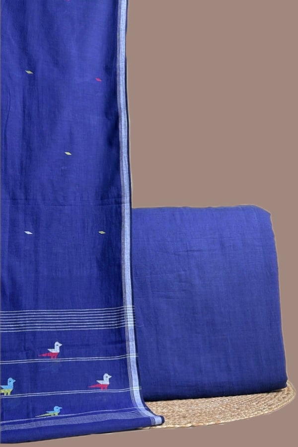Blue - 2pc Handloom Jamdani Dupatta and Plain Handloom Top Fabric Set