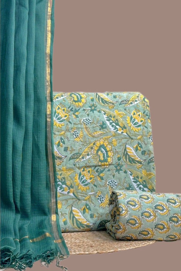 Green - 3pc Handloom Dupatta and Blockprinted Soft Cotton Top Fabric Set