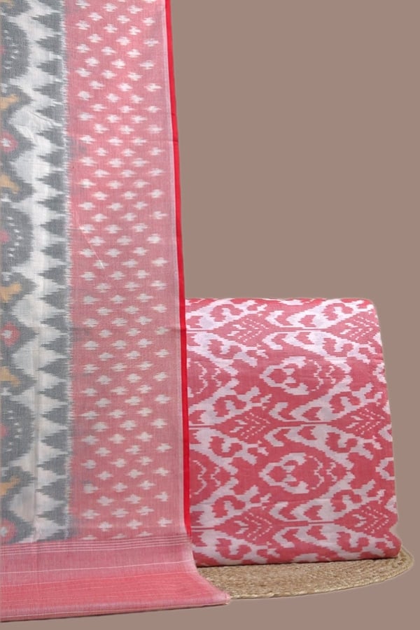 Pink - 2pc Ikkat Dupatta and Intricate Ikkat Handloom Top Fabric Set