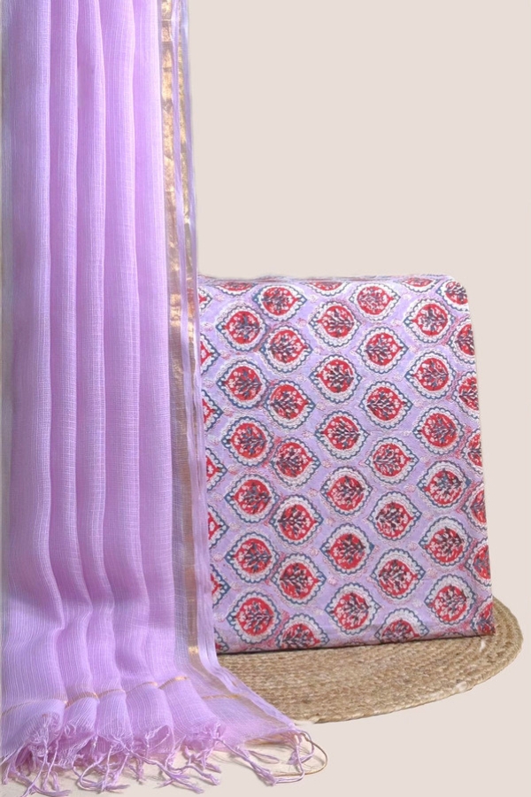 Purple - 2pc Handloom Dupatta and Blockprinted Soft Cotton Top Fabric Set