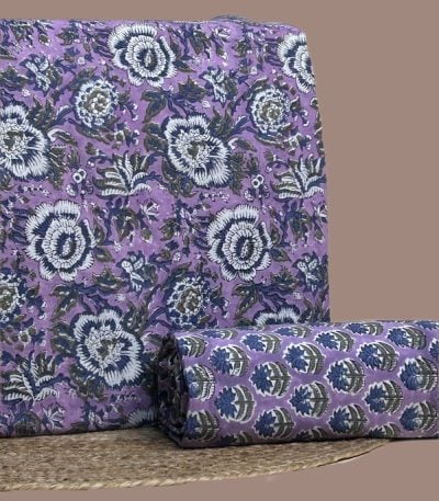 This 2pc unstitched fabric set includes a Blockprinted Soft Cotton top and matching bottom fabric in a large ornate floral with a coordinating small-scale floral design. Soft