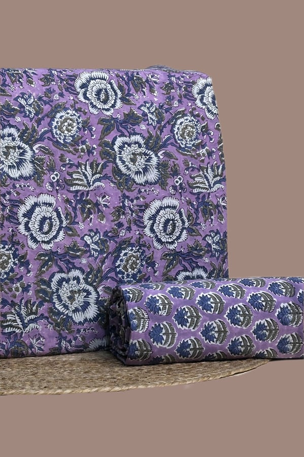 This 2pc unstitched fabric set includes a Blockprinted Soft Cotton top and matching bottom fabric in a large ornate floral with a coordinating small-scale floral design. Soft
