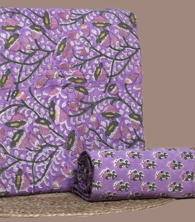 This 2pc unstitched fabric set includes a Blockprinted Soft Cotton top and matching bottom fabric in a ornate floral with a coordinating small-scale floral design. Soft