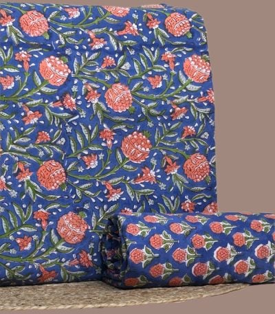 This 2pc unstitched fabric set includes a Blockprinted Soft Cotton top and matching bottom fabric in a coral floral with a coordinating small-scale floral design. Soft