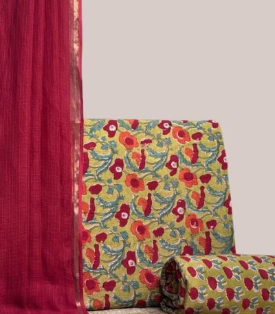 This 3pc unstitched fabric set features a sheer