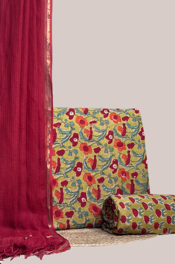 Green - 3pc AirLoom™ Kota Dupatta with Blockprint Soft Cotton Top & Bottom Set This 3pc unstitched fabric set features a sheer