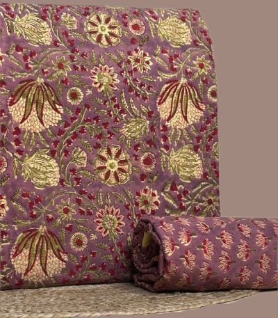 This 2pc unstitched fabric set includes a Blockprinted Soft Cotton top and matching bottom fabric in a lotus floral with a coordinating small-scale lotus print design. Soft